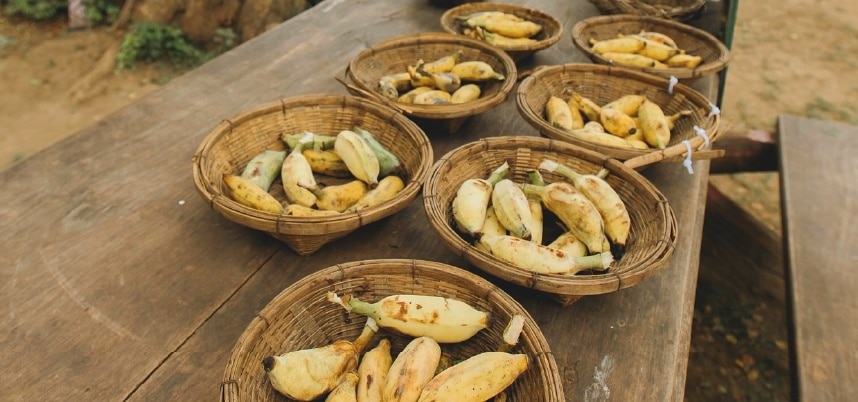 บนโต๊ะไม้มีตะกร้าสีไม้ที่เต็มไปด้วยกล้วย สะท้อนถึงความอร่อยและความสดใหม่ของผลไม้