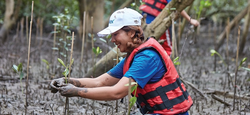 ผู้หญิงในเสื้อชูชีพกำลังทำการปลูกต้นไม้ สะท้อนถึงการมีส่วนร่วมในการอนุรักษ์และฟื้นฟูธรรมชาติ