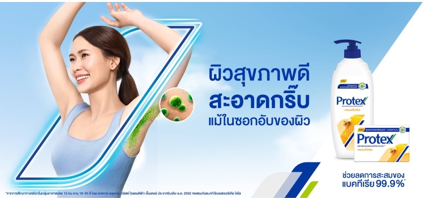 แบนเนอร์สบู่ Protex สูตรพรอพโพลิส แสดงภาพหญิงสาวยิ้มอย่างมั่นใจโชว์วงแขนที่สะอาดสุขภาพดี พร้อมกราฟิกจำลองการลดการสะสมของแบคทีเรียและข้อความภาษาไทย "ผิวสุขภาพดี สะอาดกริ๊บ แม้ในซอกอับของผิว"