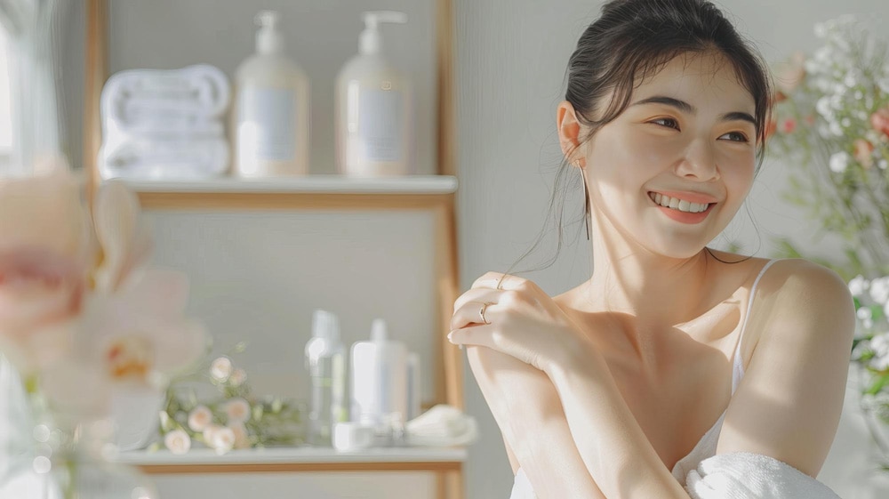 หญิงสาวที่กำลังยิ้มแบบสดใสหลังจากลงสกินแคร์